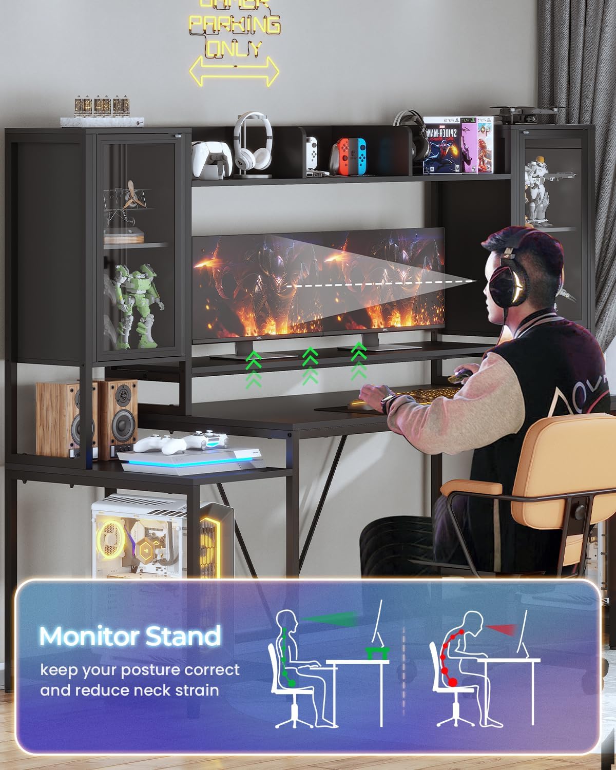SEDETA Gaming Desk 75'' with LED Lights, Hutch and Storage Shelves, Black
