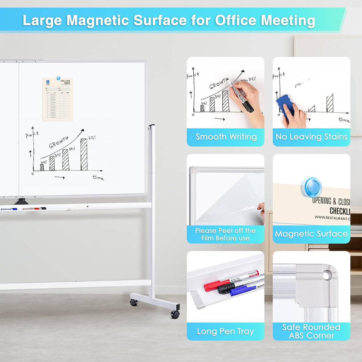 Maxtek Rolling Whiteboard 96 x 48 in, Large Double-Sided Magnetic Standing