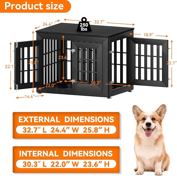 32" Heavy Duty Dog Crate Furniture for Small,Medium and Large Dogs,Rustic Wooden Dog Cage Kennel Indoor Furniture with Waterproof Top,Decorative Pet House Side End Table (Black)