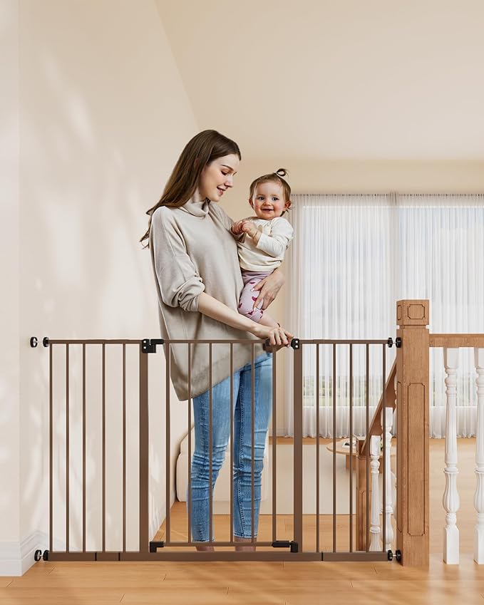 InnoTruth 28.9-49" Baby Gate for Doorways, 30" Tall Extra Wide Doggy Gates for Stairs One-Hand Opening, Easy Walk Thru Dual Lock Dog Gates for The House, Kitchen, Balcony, Easy Install Kid Gate,Brown