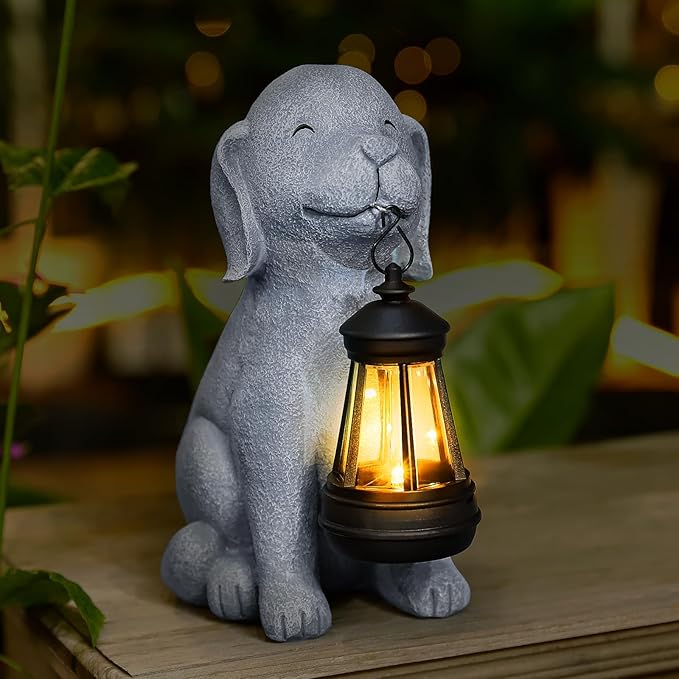 Solar Dog Garden Statue with Lantern, Outdoor Waterproof Dog Figurine Decor for Patio Yard Lawn, Dog Lover Gifts for Women Mom Grandma, Housewarming Gift