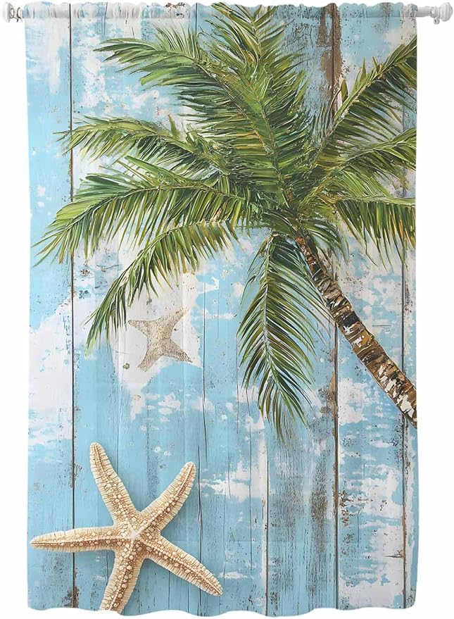 Sheer Curtains 63 Inch Length, Coastal Beach Blue Semi Sheer Curtains Light