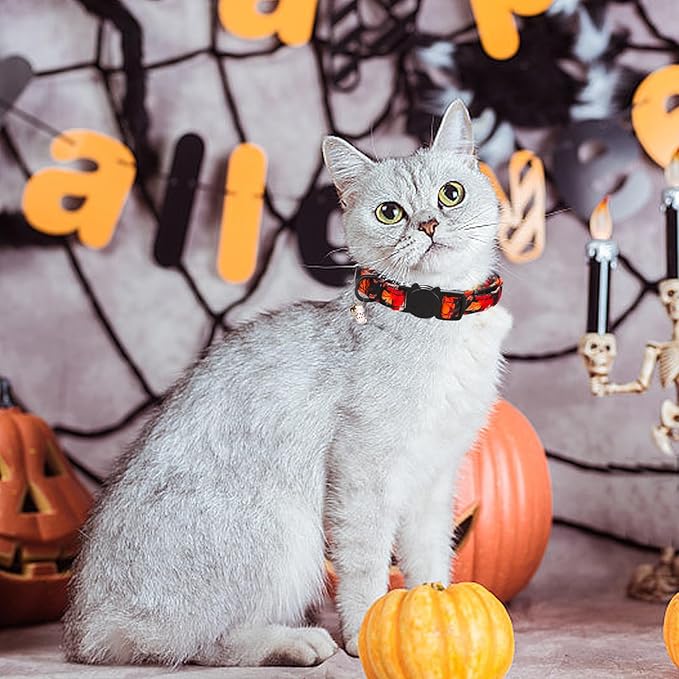 Fall Cat Collar-2 Pack Holiday Cat Collars Pumpkin Print Breakaway with Kitten and Bell Pendant Safety Buckle Pet Collar Cute Cotton Collar for Cats and Small Pets Gift
