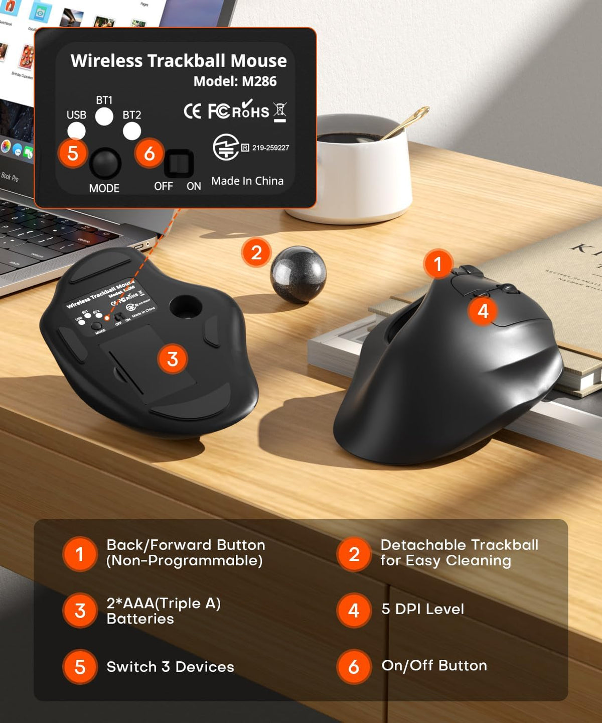 Ergonomic Wireless Trackball Mouse, Bluetooth & 2.4G, Multi-Device
