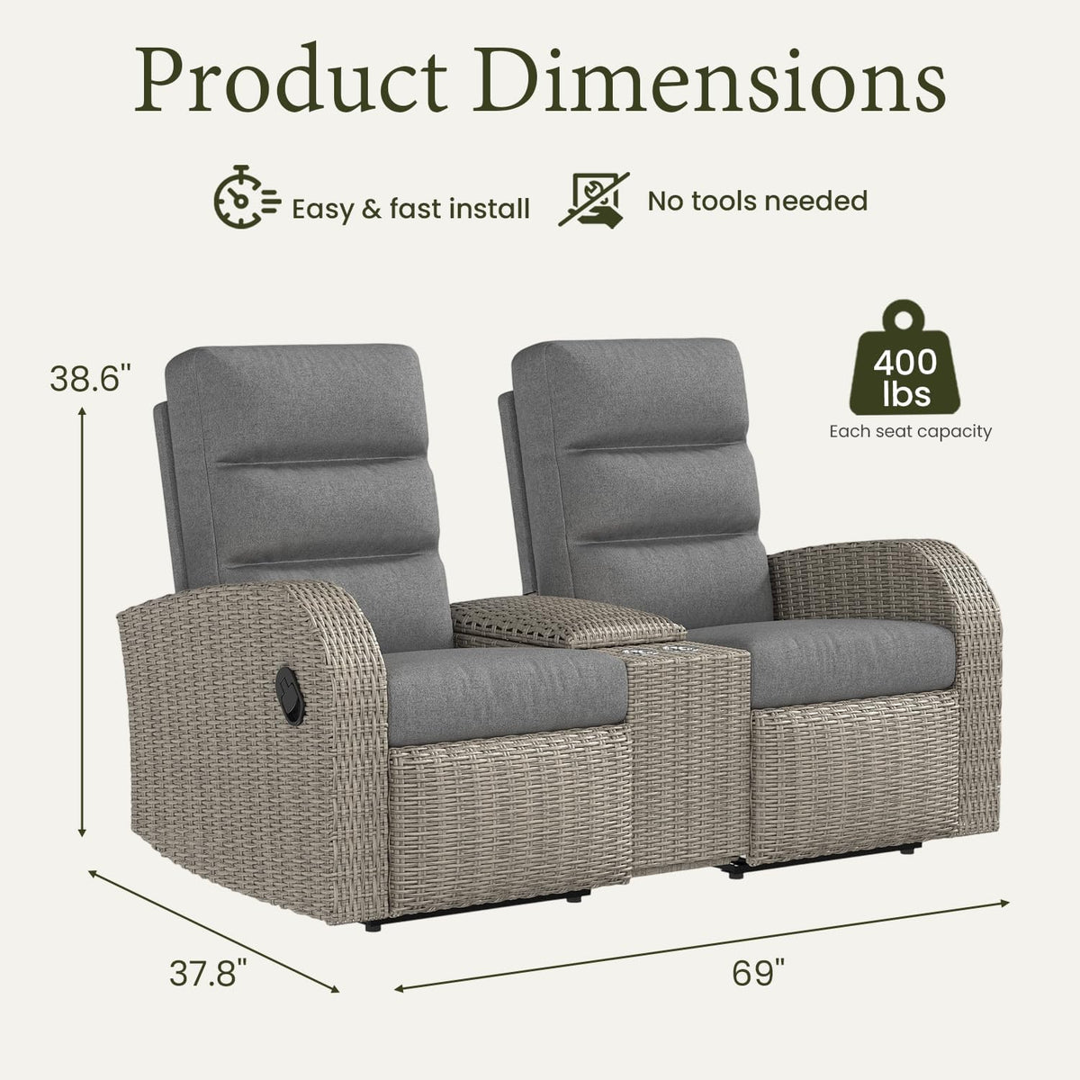LayinSun Oversized Wicker Outdoor Recliner Lovseat with Adjustable Backrest & Footrest, Patio Reclining Lounge