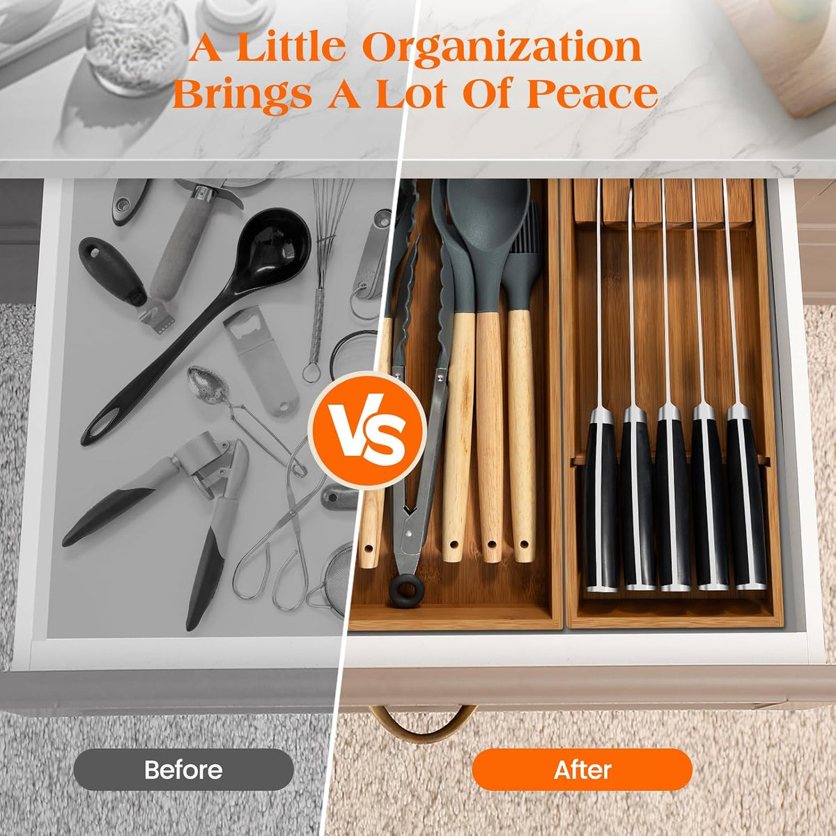 Piklohas Carbonized Bamboo Kitchen Silverwar Drawer Organizer