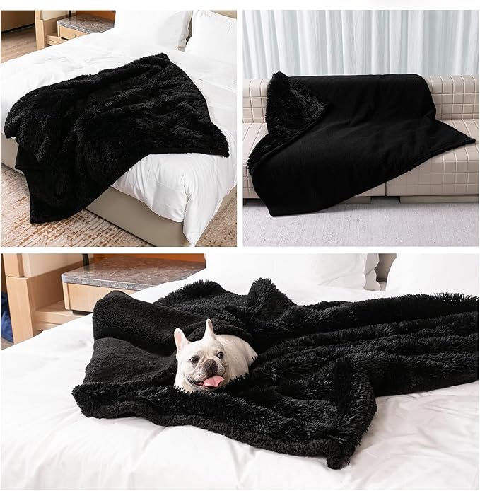 Black Faux Fur Pet Blanket for Large Dogs Cat Puppy Waterproof Calming Dog Blankets Fluffy Long Faux Fur Throw Blankets for Couch Protector Love Bed Cover Washable(Black,M)