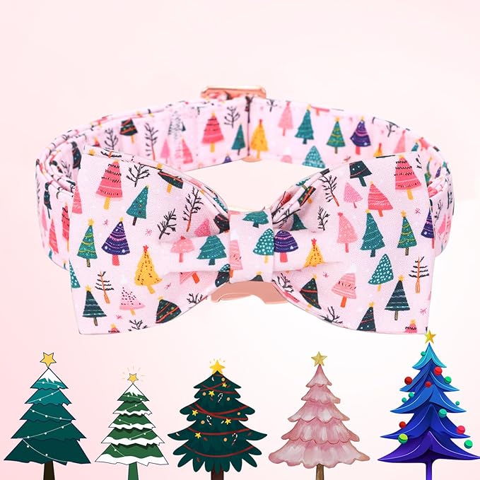 Christmas Dog Collar, Pink Christmas Tree Soft Comfortable Collars with Bow Adjustable Pet Collar with Premium Metal Buckle Puppy Necklace for Small Girl Dogs