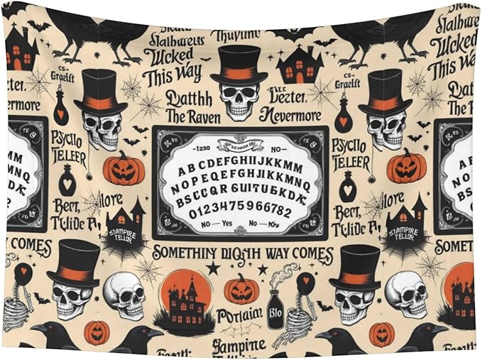 Dog Cat Blanket Double Sided, Halloween Witchcraft Witch Pumpkin Spider Web Bat Raven Magic Board Spirit Skull Skeleton Vintage Black, Plush with Raised Dot Pattern and Smooth Reverse for Cuddling