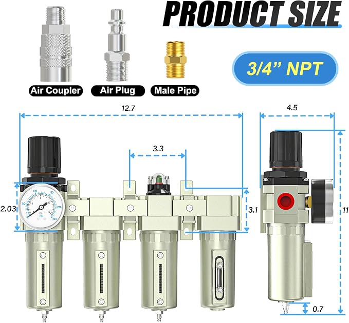 4 Stage Air Drying System 3/4" NPT Heavy Duty Industrial Grade, Coalescing
