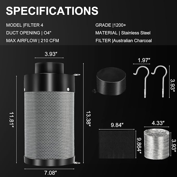 Atour 4'' Air Filtration Kit – 12-Speed Control, Quiet 14cm Fan & Carbon