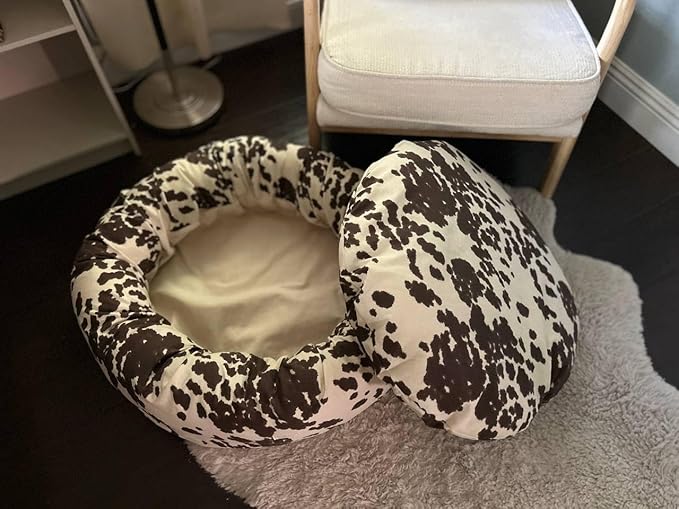 Organic Cotton Canvas Dog Bed: Removable Cover, Natural Fill - Made in USA (Cow Print Brown White, Large 35" x 8" inches)