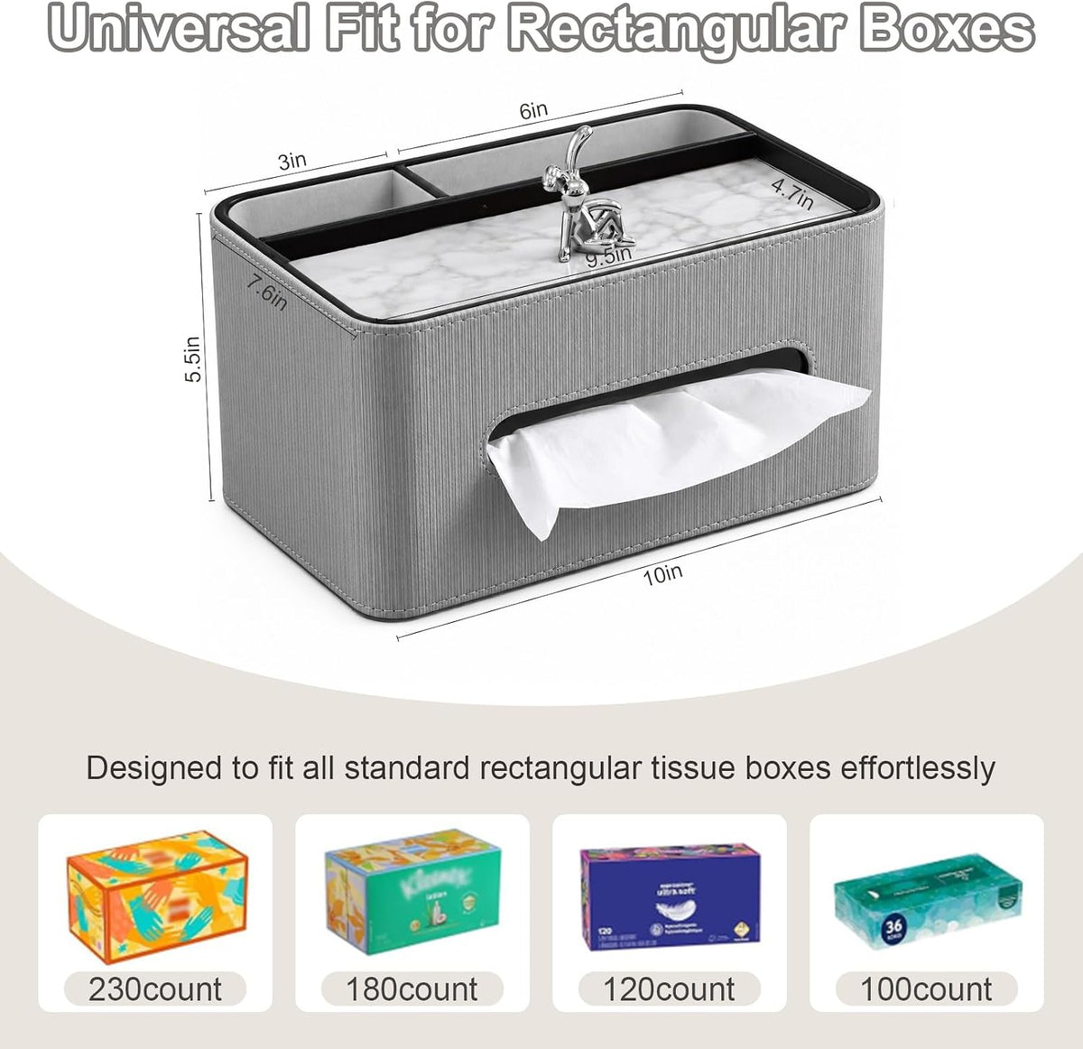 PU Leather Rectangle Tissue Box Cover with Storage Organizer, Gray