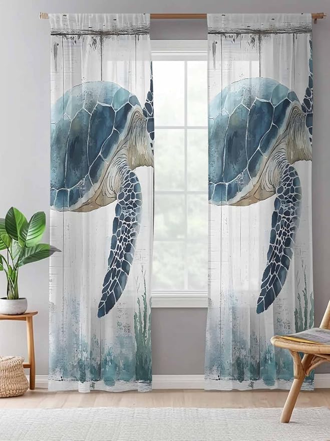 Sheer Curtains 84 Inches Long, Sea Turtle Teal Blue Semi Sheer Curtains Light
