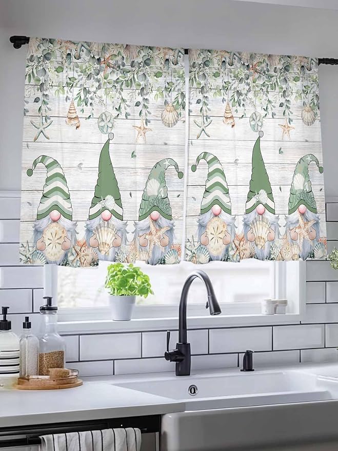 Sheer Curtains 45 Inch Length, Coastal Eucalyptus Leaf Semi Sheer Curtains