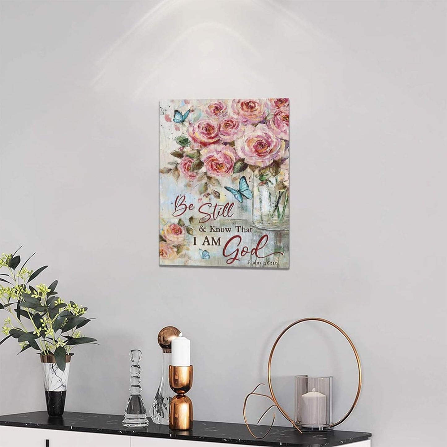 Farmhouse Rose Wall Art Christian Scripture Pictures Pink Rose Wall Decor Rustic Floral Butterfly Canvas Print Painting Artwork for Bathroom Living Room Bedroom 12"x16"