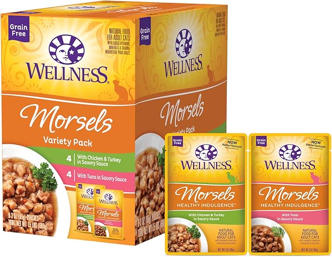 Wellness Healthy Indulgence Morsels Adult Wet Cat Food, Natural, Protein-Rich, Grain-Free, 3 Ounce Pouch, 8 Pack, (Morsels Variety Pack)