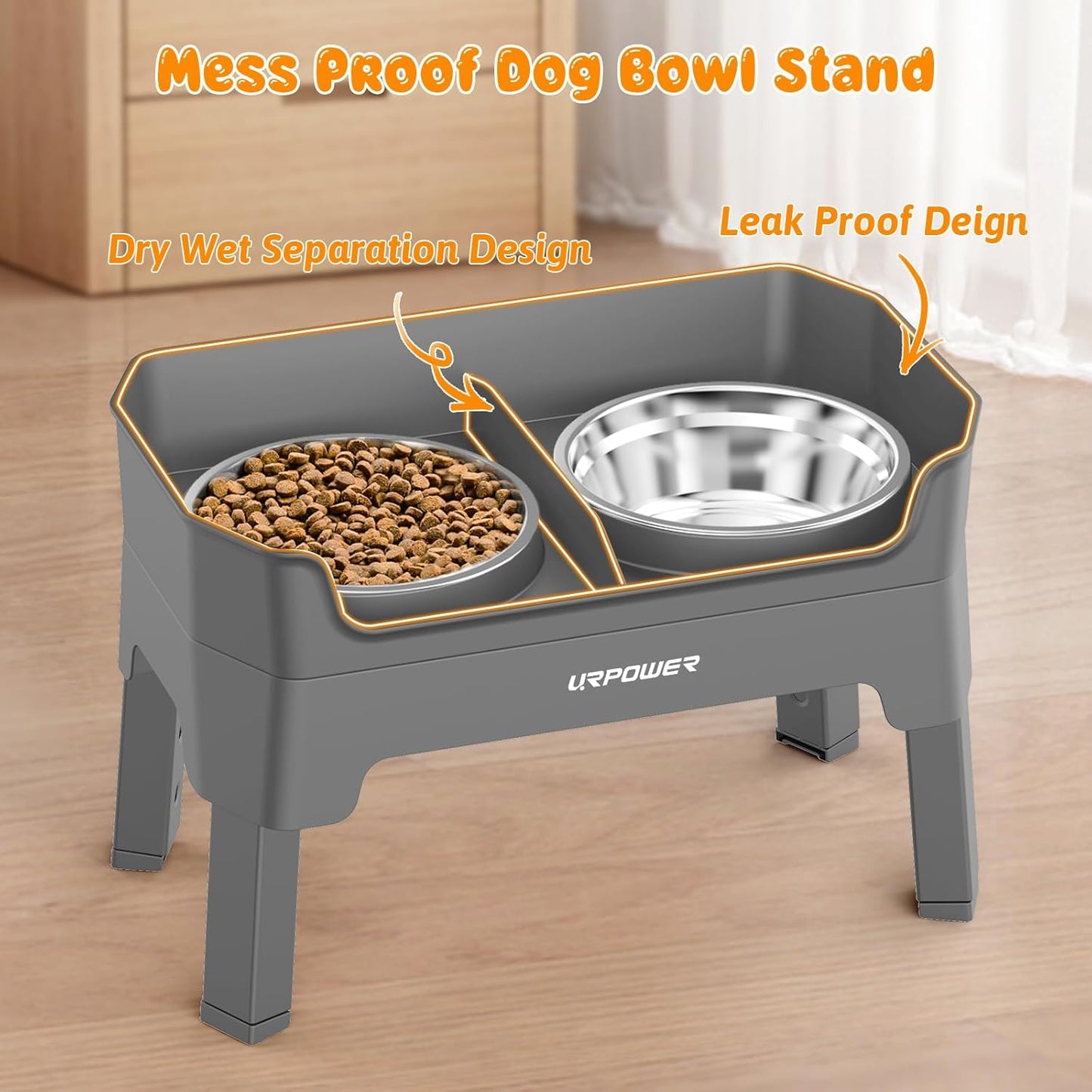 URPOWER 3-in-1 Elevated Dog Bowls - Mess Proof Double Deck 4 Height Adjustable Raised Stand with 2 Stainless Steel Food Bowls & Licking Plate for Small, Medium & Large Dogs