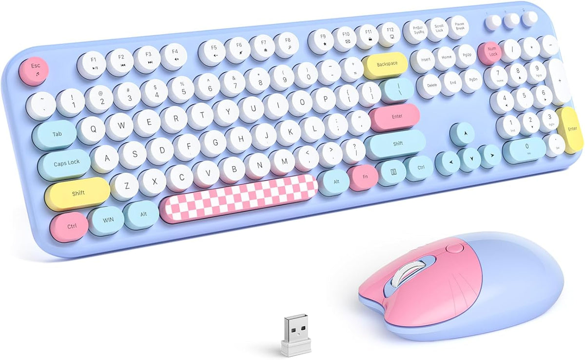 Retro Wireless Keyboard and Mouse Combo, SQMD Full-Size Office Typewriter Keyboard with Round Colorful Keycaps, 2.4G Cute Quiet Mouse for Windows PC, Home, Office, and College - Blue