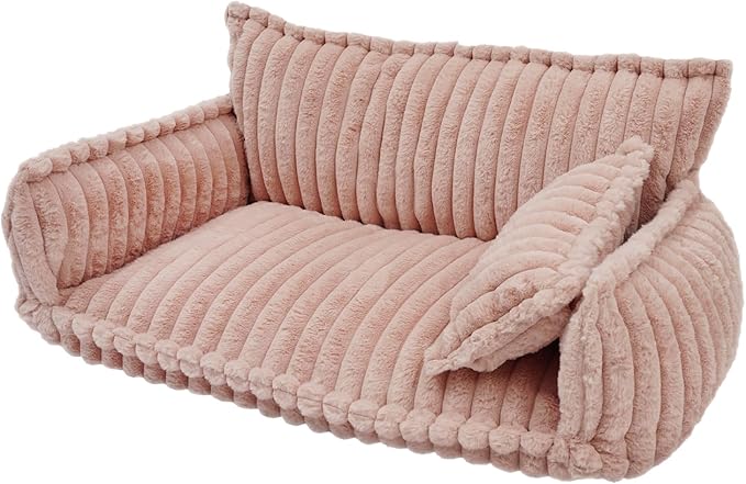 Pet Couch Bed for Dog and Cat, Plush Calming Couch for Pets with Removable Washable Cover, Modern Sofa Style Pet Bed for Home Living Room (Pink)