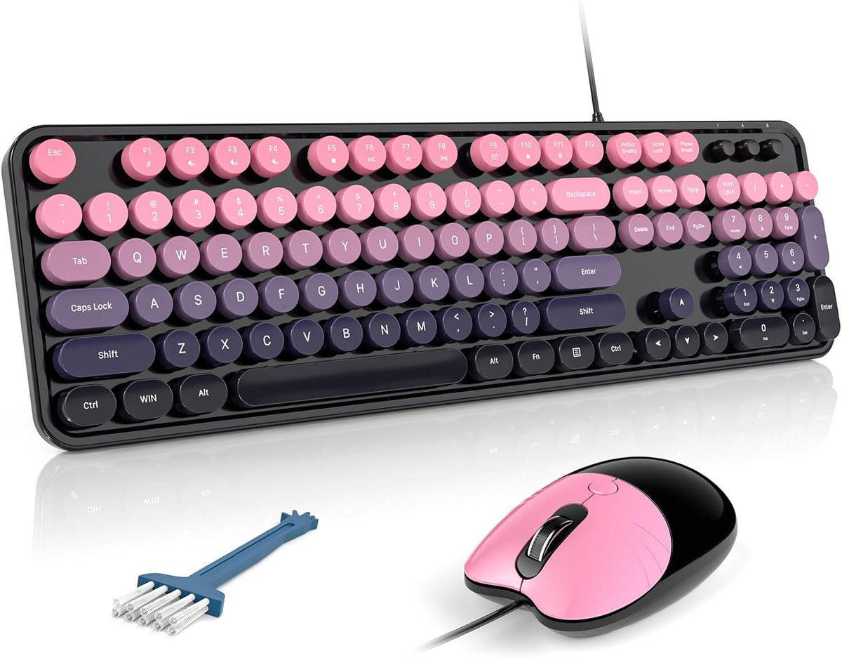 MOFII Wired Keyboard and Mouse Combo, Full-Sized Retro Typewriter Computer Keyboards with Cute Cat Mouse for Windows PC Laptop (Berry Pink)