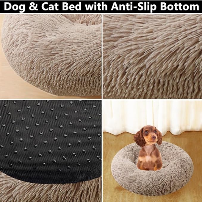 Large Calming Dog Bed, 47 Inch Anti-Anxiety Donut Dog Cuddler Cat Bed, Warming Cozy Soft Dogs Round Bed, Fluffy Faux Fur Machine Washable Pet Cushion for Medium Large Dogs & Cats (Blue White)