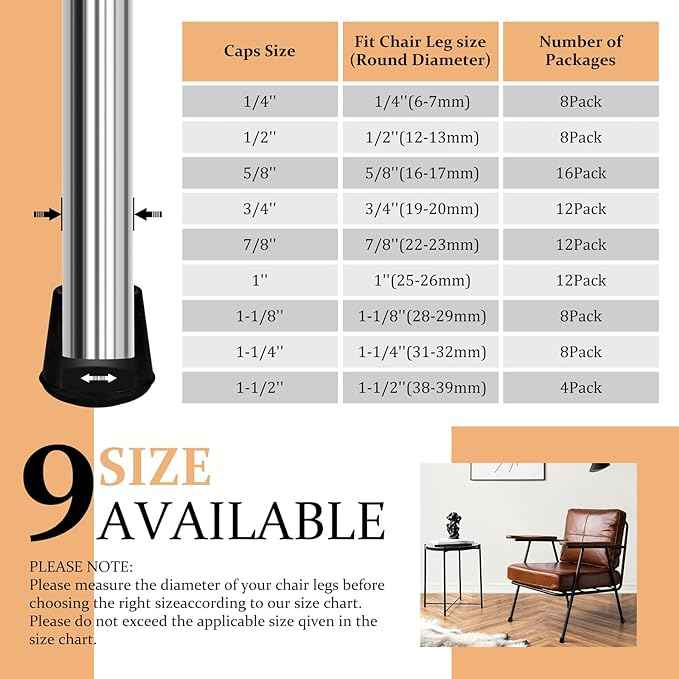 3/4" Round Rubber Chair Leg Tips Caps, Chair Leg Floor Protectors Furniture