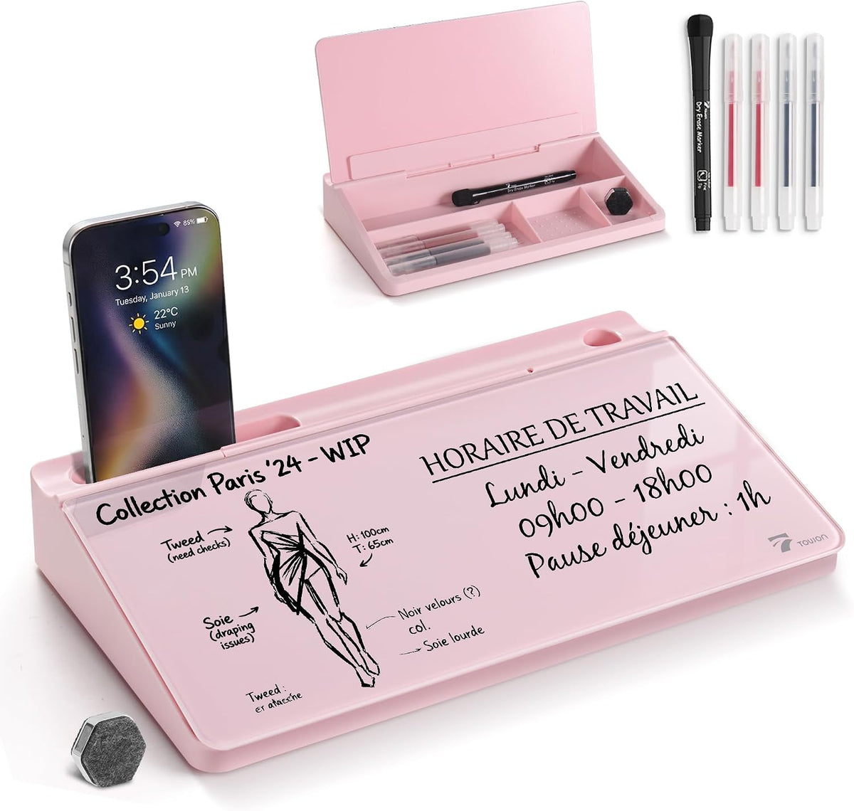 TOWON Compact Glass Desktop Whiteboard with Storage 12x7 in, Pink