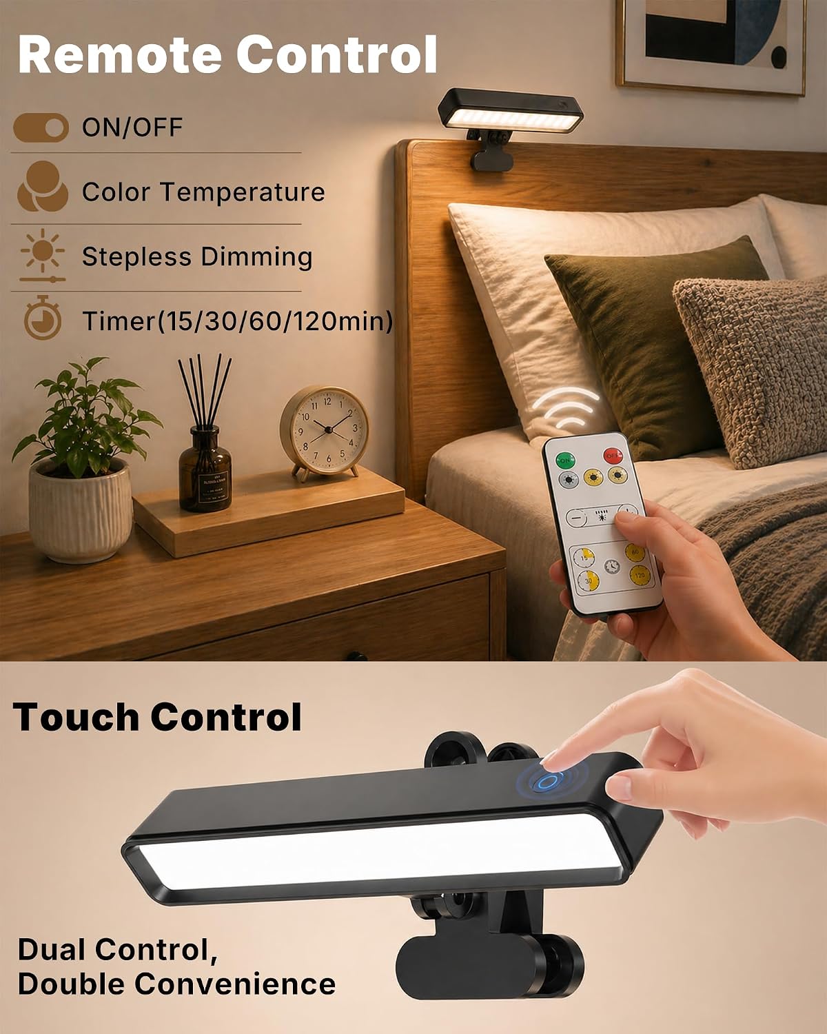 6000mAh Rechargeable Clip on Light, LED Reading Light for Bed/Desk, 3 Color Modes & Stepless Dimming, Portable Clamp Lamp with 360 Degree Adjustment, Battery Operated Work Light for Home Office, Black