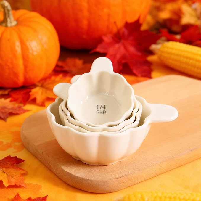 Pumpkin Ceramic Measuring Cups, 4-Piece Set, ⅓ & ¼ Cup Sizes, Baking & Cooking