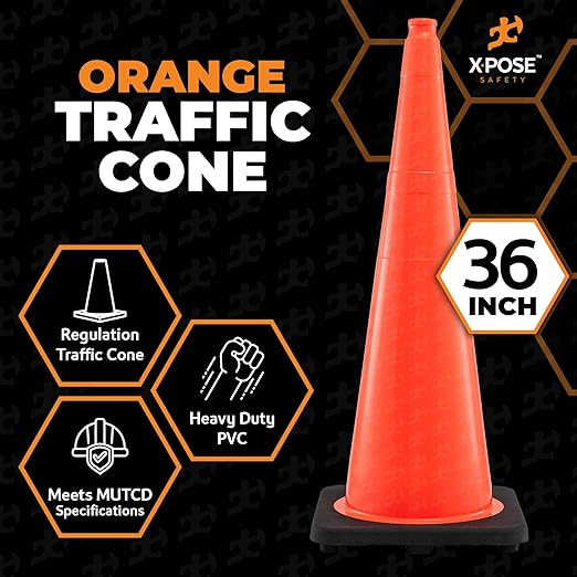 Xpose Safety 36 Inch Orange Traffic Cones, 1-Pack - Multipurpose PVC Plastic Safety Cone for Parking, Soccer, Caution, Kids and Construction - DOT Approved
