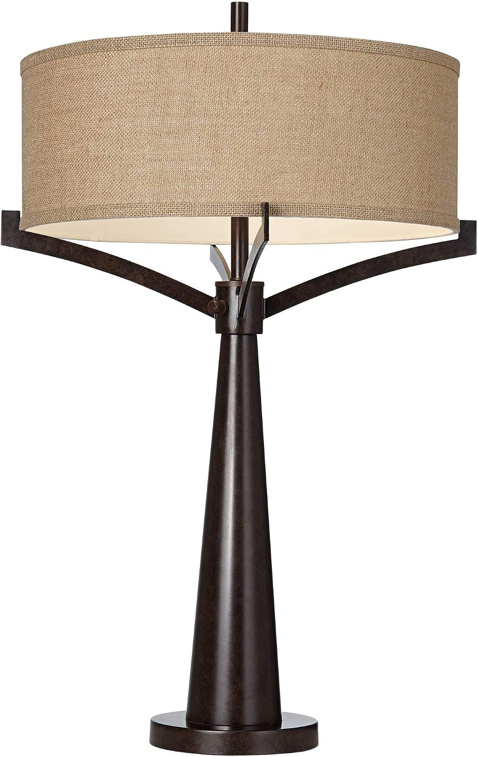 Franklin Iron Works Tremont Mid Century Modern Industrial Table Lamps 31.5" Tall Set of 2 Rich Bronze Iron Burlap Fabric Drum Shade for Living Room Bedroom House Bedside Nightstand Home Office