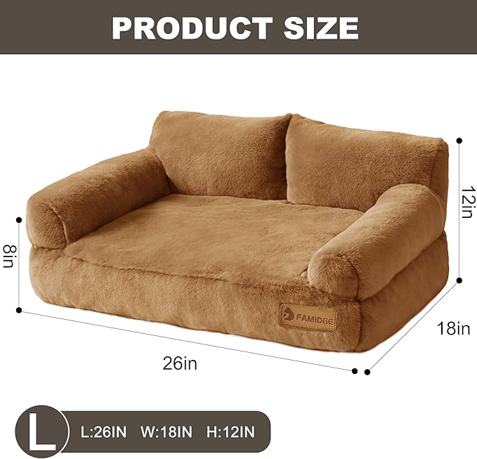 Plush Cat Couch Bed - Cat Bed for Indoor Cats, Dog Sofa Bed, Short Rabbit Fleece Calming Pet Couch with Removable Cover, Anti-Shedding Pet Sofa for Small/Medium Pets (26×18×12in, Brown)