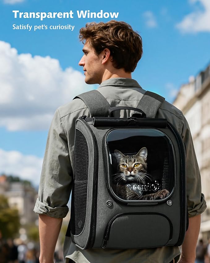 Pecute Cat Backpack Carrier Expandable, Large Space Cat Bubble Backpack, Breathable Cat Carrier, Shaded Dog Backpack Carrier for Travel, Hiking, Suitable for Shopping, and Vet, Gray