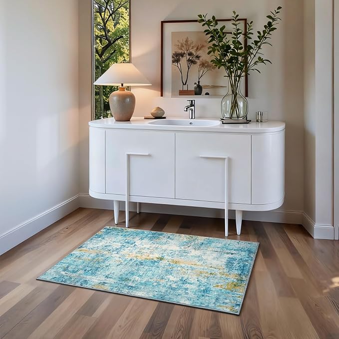 Entrance Rugs Indoor 2x3 Teal Blue Entry Rug Washable Abstract Small Area Rug