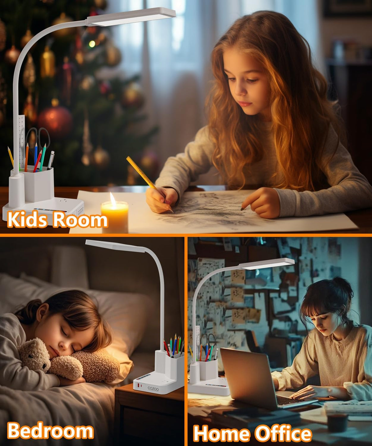 cozoo LED Desk Lamp for Dorm USB A/C Charger Pen Holder 3 Light Modes White