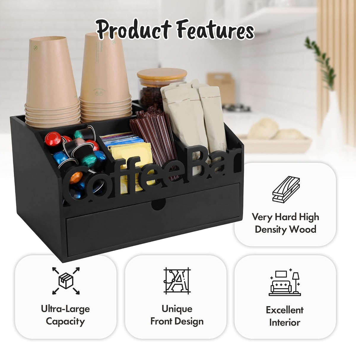 Coffee Bar Organizer Countertop, Wooden Coffee Station with Black Drawer