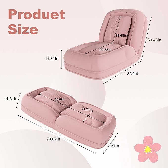 Oversized Human Dog Bed for Adult, Foldable Giant Human Pet Bed with 2 Soft Pillows, Large Sized Dog Sofa with 5 Adjustable Position for Humans, Metal Frame & Corduroy (Pink)