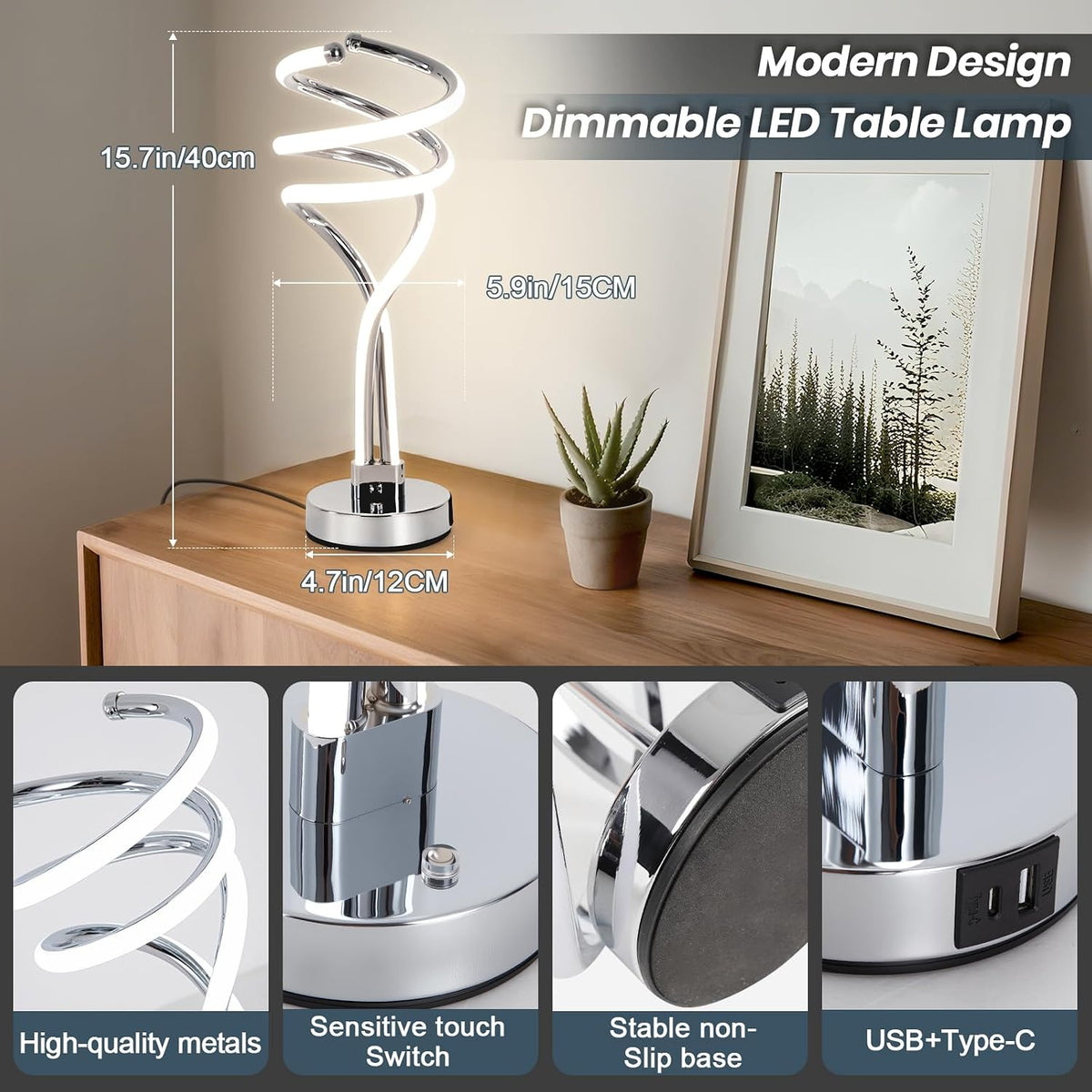 ElDISUNY Modern LED Table Lamp, 3 Color Temperatures,Touch Control CurveDimmable Bedside Table Lamps with USB Ports, Touch Control LED NightstandLamp, Desk Lamp for Living Room, Bedroom -Silver