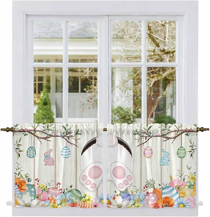Easter Kitchen Tier Curtains 36 Inch Long 2 Panel Set, Rod Pocket Half Window