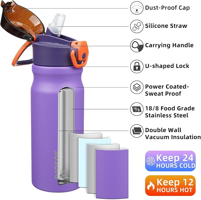 BJPKPK 18 oz Water Bottle with Straw & Handle, Insulated Stainless Flask | Leak