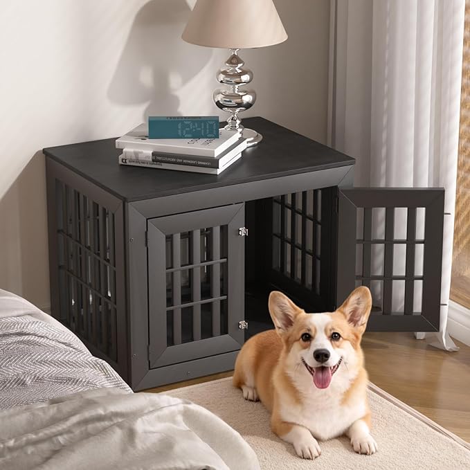 32" Heavy Duty Dog Crate Furniture for Small,Medium and Large Dogs,Rustic Wooden Dog Cage Kennel Indoor Furniture with Waterproof Top,Decorative Pet House Side End Table (Black)
