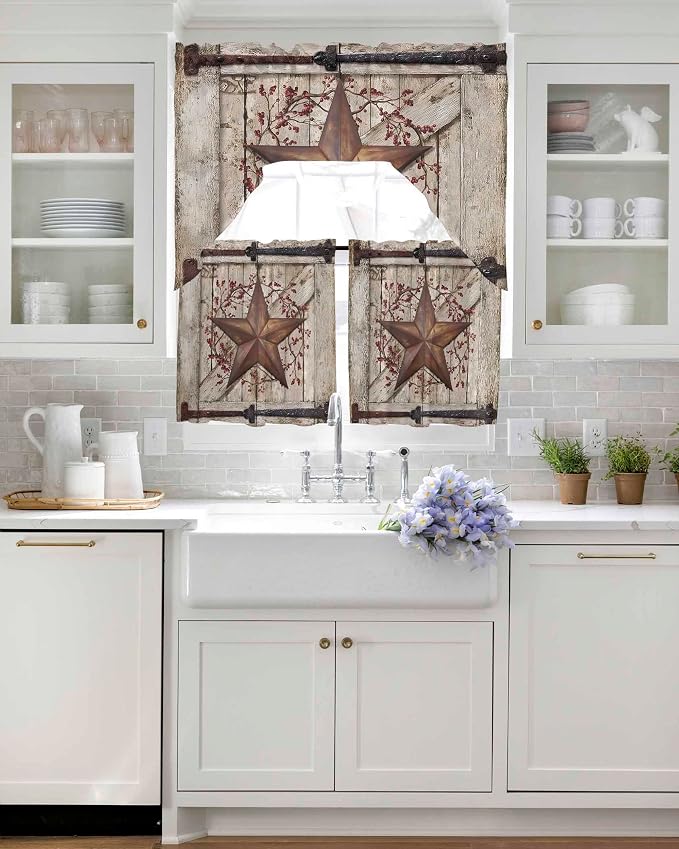 Country Star Swag Kitchen Curtains Valance and Tier Set, VintageRust Yellow