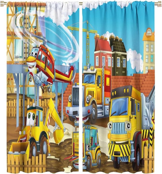 Kids Cartoon Construction Window Curtains, Funny Construction Site Cars and