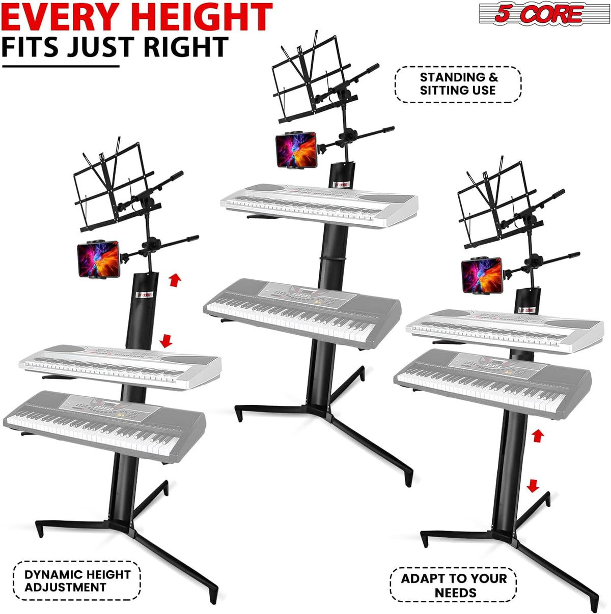 5 CORE Keyboard Stand 2 Tier Column for 61/76/88 Key Board DJ Controller Stands for Electric Digital Midi Pianos Black - KS C 2TD BLK AL