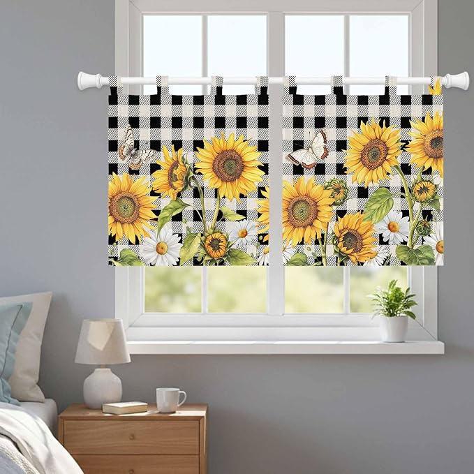 Sunflowers Kitchen Curtains 36 Inch Length, Small Window Curtains Tab Top