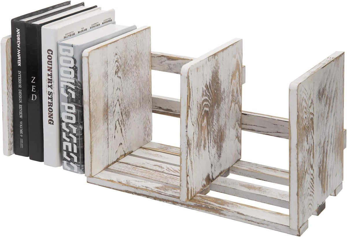 MyGift Rustic Expandable Whitewashed Wood Desktop Bookshelf/Adjustable Tabletop Book Holder Organizer Rack
