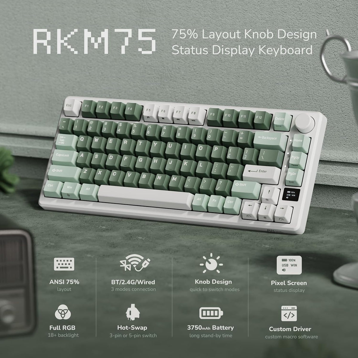 RK ROYAL KLUDGE M75 Wireless Mechanical Keyboard with OLED Display & Knob