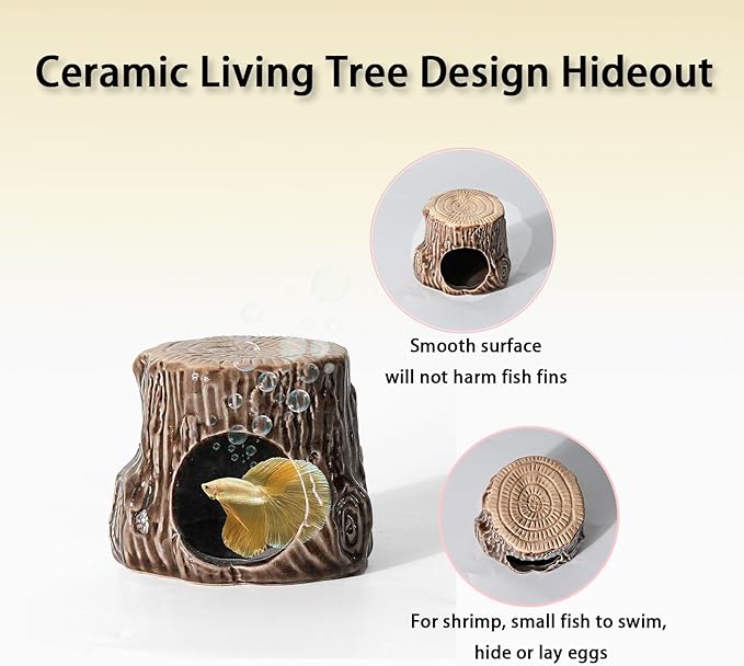Aquarium Decor Cave Betta Fish Aquarium Accessories Ornaments Hiding Cave Wooden Stake Shape House Hideout for Shrimp Cichlid Hermit Crab, Octopus Hiding Breeding for Tank (Brown)