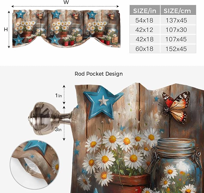 Country Flower Tie Up Valance for Window, Western Texas Star Butterfly Barn
